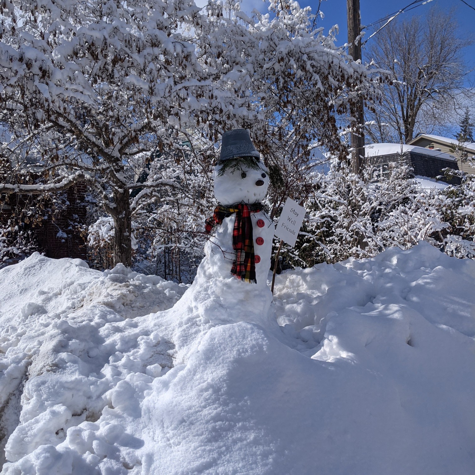 A snowman by the streetside with a sign: "Stay Well Friends"