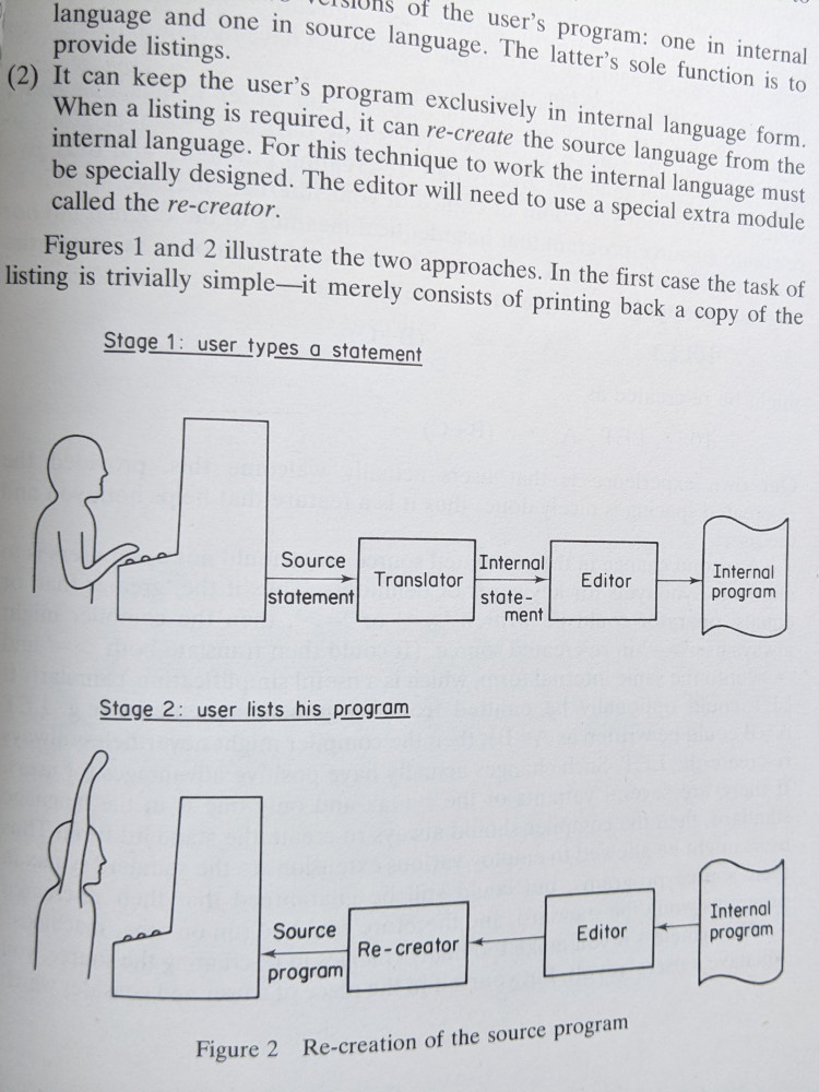 This excerpt from the compilers book shows a goofy illustrated diagram. "Stage 1: user types a statement". Person typing at a large computer terminal. "Stage 2: user lists his program". Person raises their arms straight up while staring at the screen.
